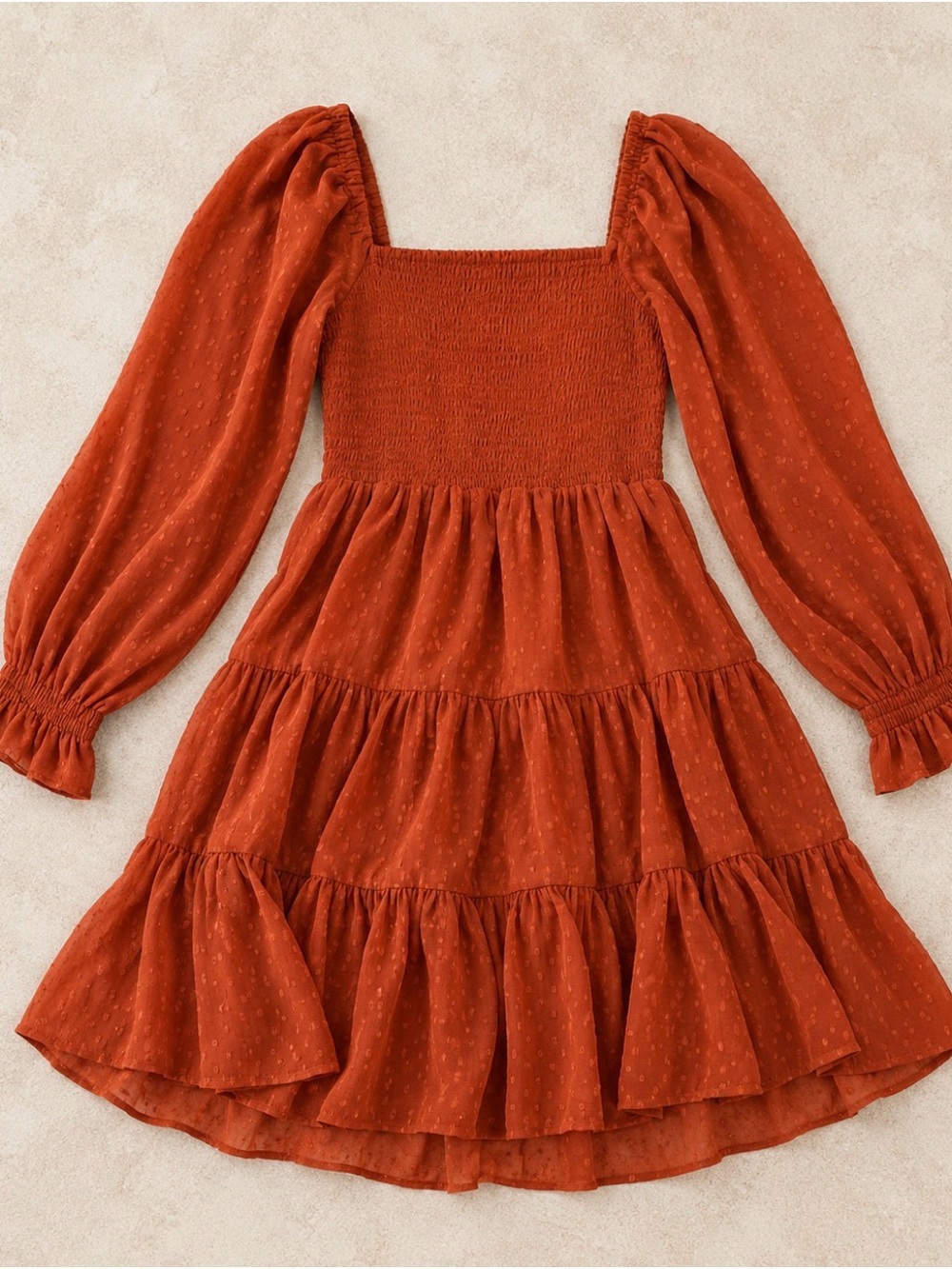 Rust Long-Sleeve Smocked Tiered Kids Dress